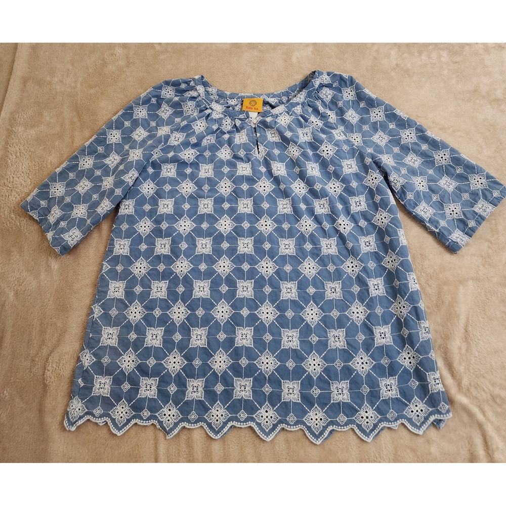 Ruby Rd Blue Eyelet Embroidered Scalloped Hem Cotton Blouse Top 55549 GZ M